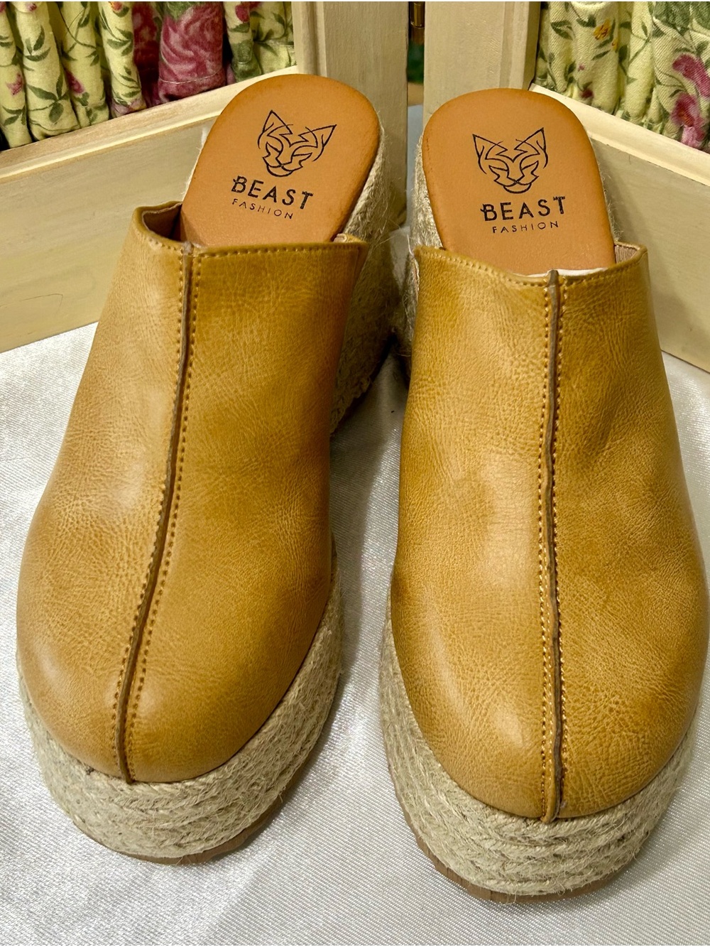 BEAST FASHION Tan Espadrille Wedge Slide Mules